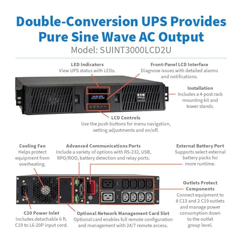 Tripp Lite Smart Double-Conversion UPS, 208/230V, C13 Outlets, Pure Sine Wave, Network Card Option, USB & DB9, 2U Rackmount, 2-Year Warranty & $250,000 Insurance (SUINT-LCD2U Series)