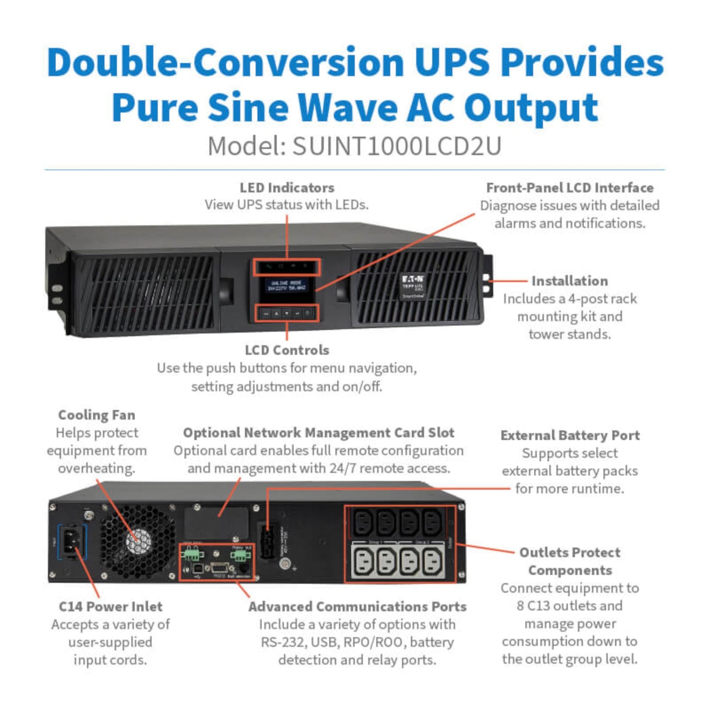 Tripp Lite Smart Double-Conversion UPS, 208/230V, C13 Outlets, Pure Sine Wave, Network Card Option, USB & DB9, 2U Rackmount, 2-Year Warranty & $250,000 Insurance (SUINT-LCD2U Series)