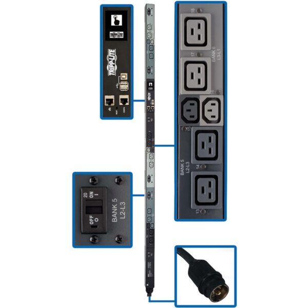 Tripp Lite PDU 3-Phase Monitored Per-Outlet 14.4kW - LX Platform, 6 C13 & 12 C19 Outlets (208V), 50A CS8365C, 0U, TAA - power distribution unit - 14.4 kW - TAA Compliant